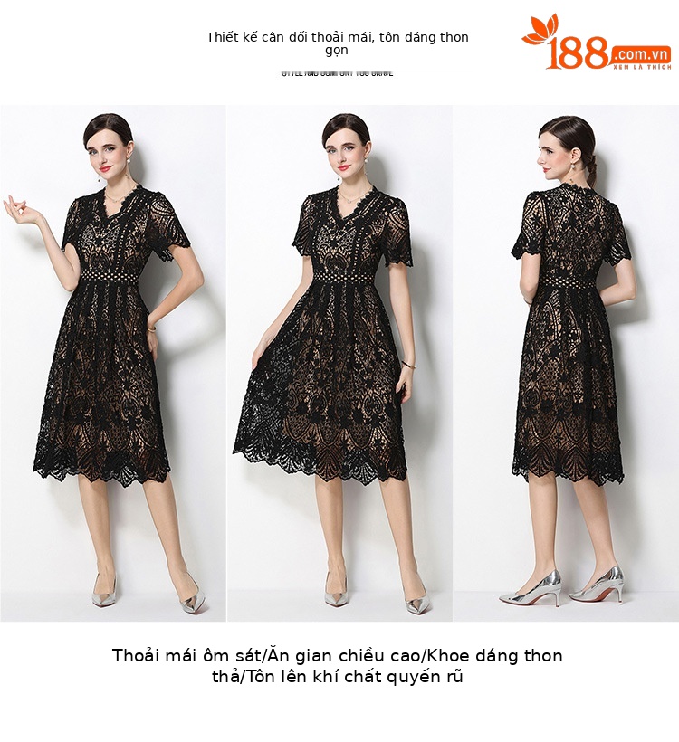 Đầm maxi nữ cổ V ren thắt eo tay ngắn họa tiết rỗng — màu đen, Rượu vang đỏ, màu hồng đậm, màu trắng chi tiết 25