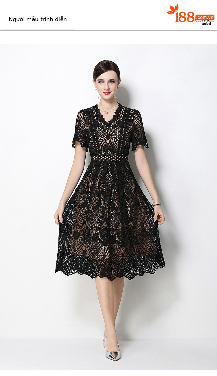 Đầm maxi nữ cổ V ren thắt eo tay ngắn họa tiết rỗng — màu đen, Rượu vang đỏ, màu hồng đậm, màu trắng chi tiết 29