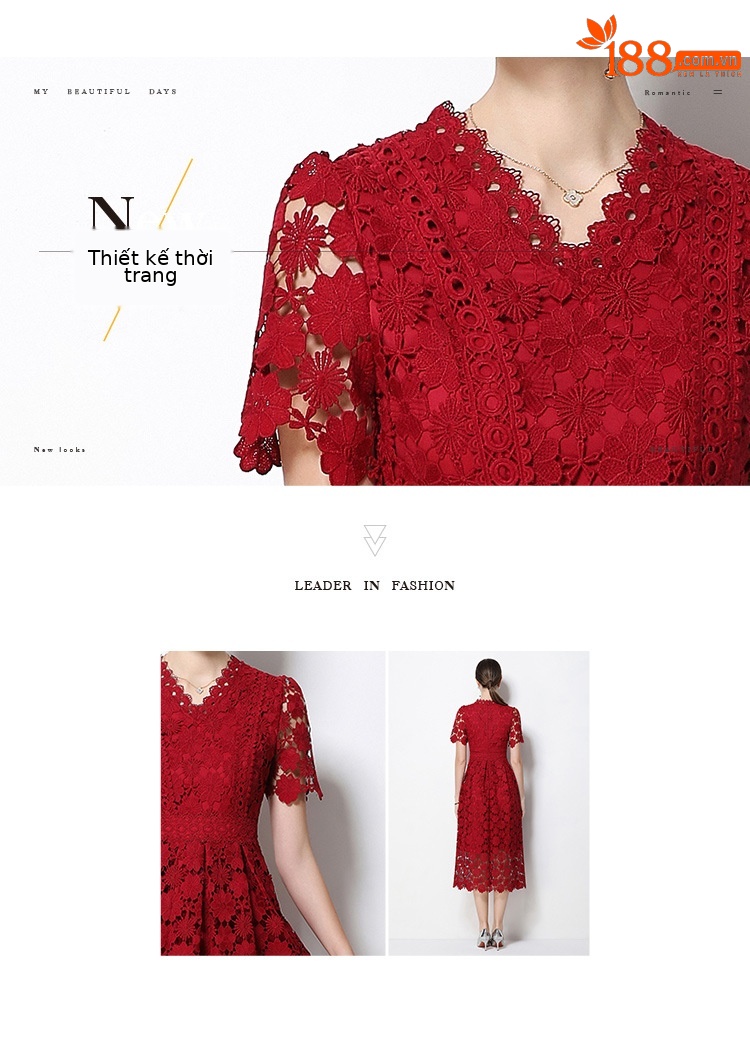 Đầm maxi nữ cổ V ren thắt eo tay ngắn họa tiết rỗng — màu đen, Rượu vang đỏ, màu hồng đậm, màu trắng chi tiết 36