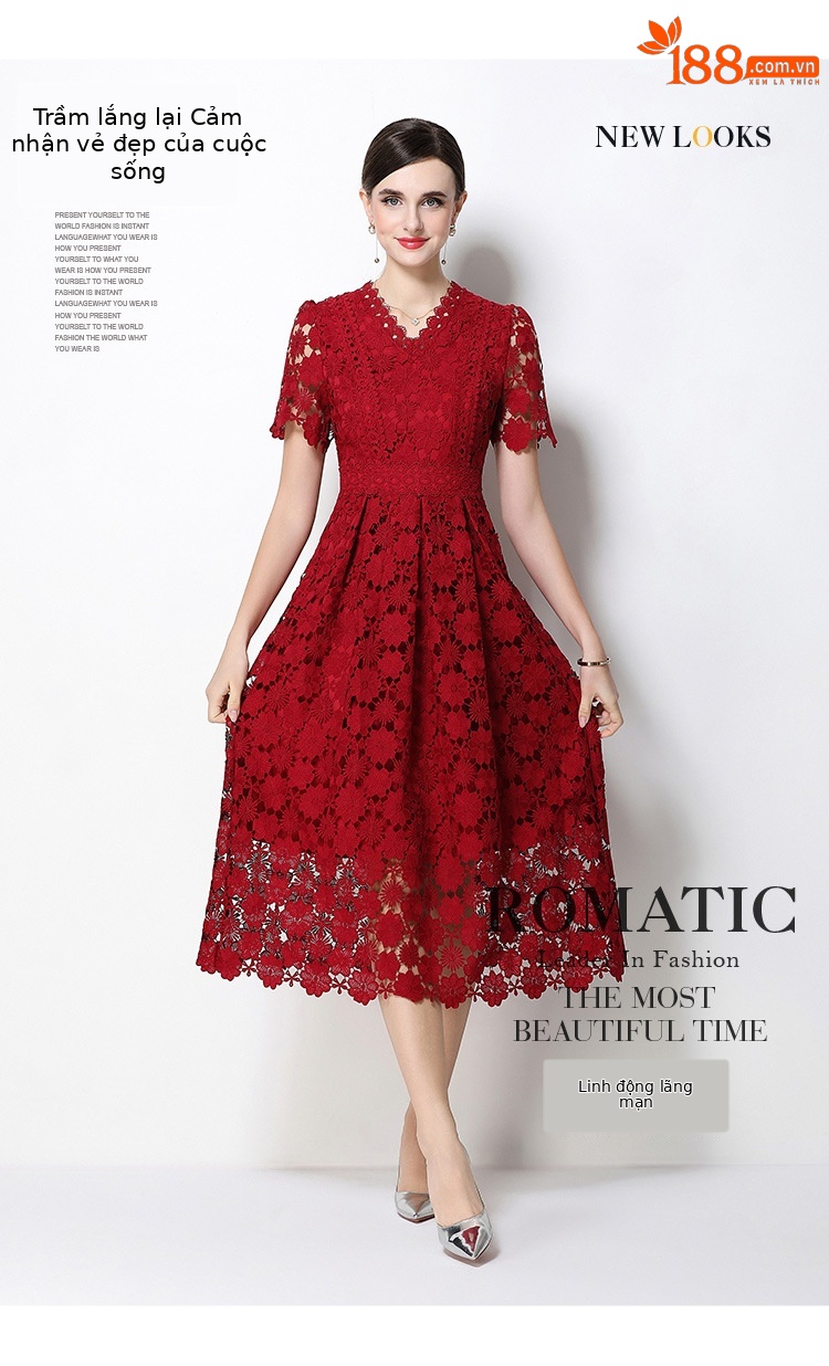 Đầm maxi nữ cổ V ren thắt eo tay ngắn họa tiết rỗng — màu đen, Rượu vang đỏ, màu hồng đậm, màu trắng chi tiết 37
