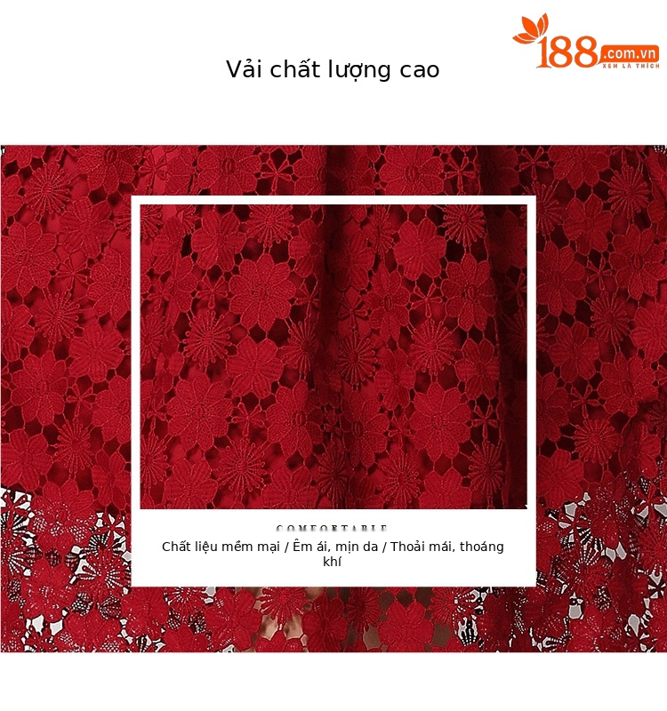 Đầm maxi nữ cổ V ren thắt eo tay ngắn họa tiết rỗng — màu đen, Rượu vang đỏ, màu hồng đậm, màu trắng chi tiết 39