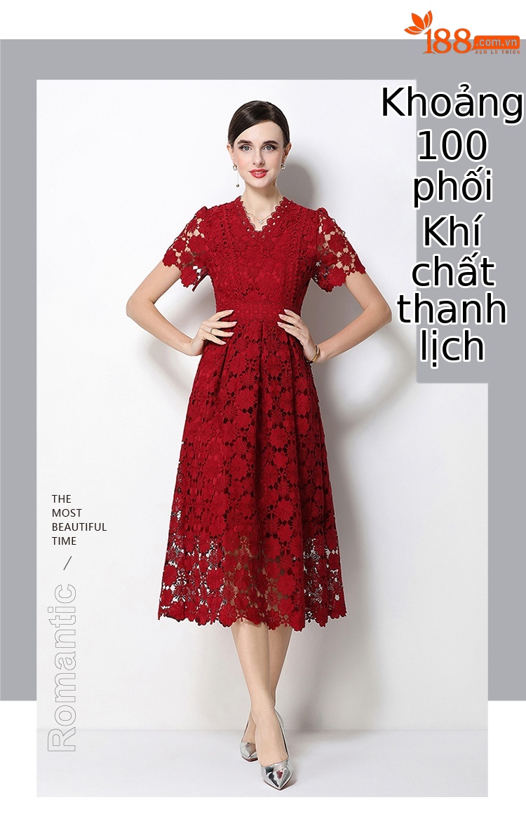 Đầm maxi nữ cổ V ren thắt eo tay ngắn họa tiết rỗng — màu đen, Rượu vang đỏ, màu hồng đậm, màu trắng chi tiết 40