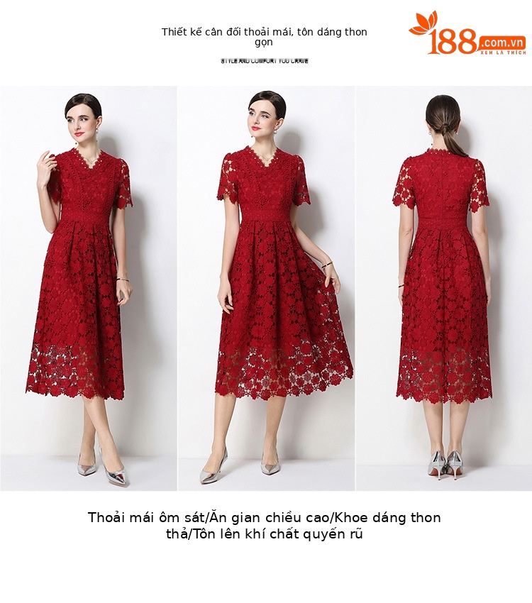 Đầm maxi nữ cổ V ren thắt eo tay ngắn họa tiết rỗng — màu đen, Rượu vang đỏ, màu hồng đậm, màu trắng chi tiết 41