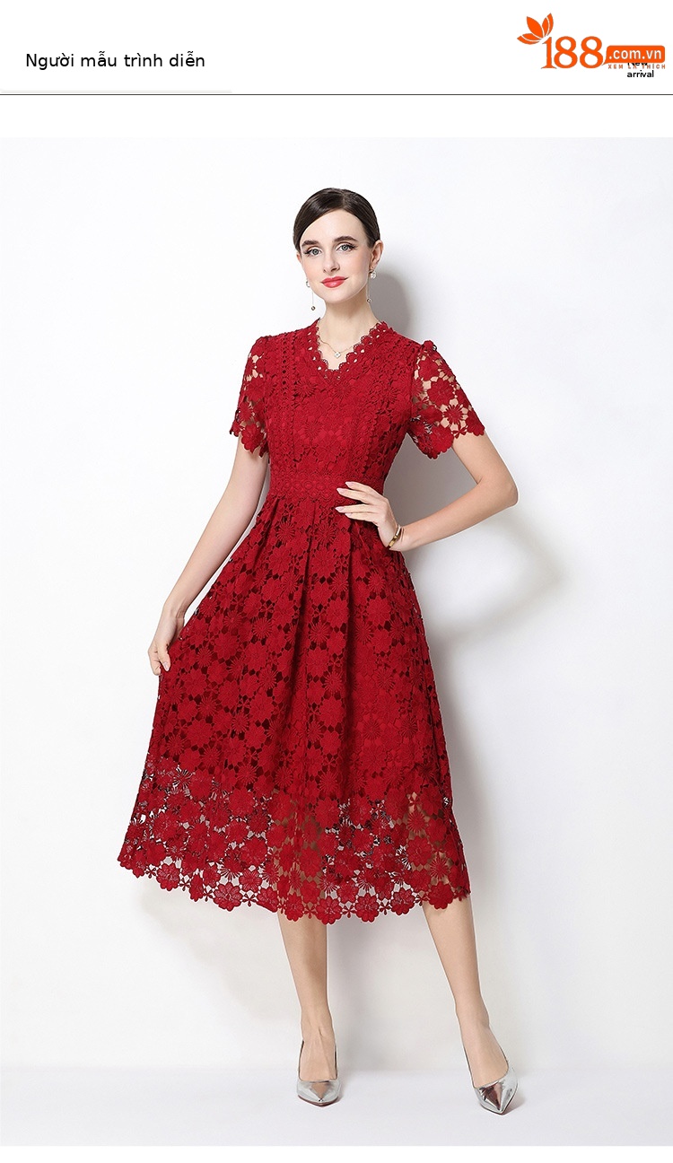 Đầm maxi nữ cổ V ren thắt eo tay ngắn họa tiết rỗng — màu đen, Rượu vang đỏ, màu hồng đậm, màu trắng chi tiết 45