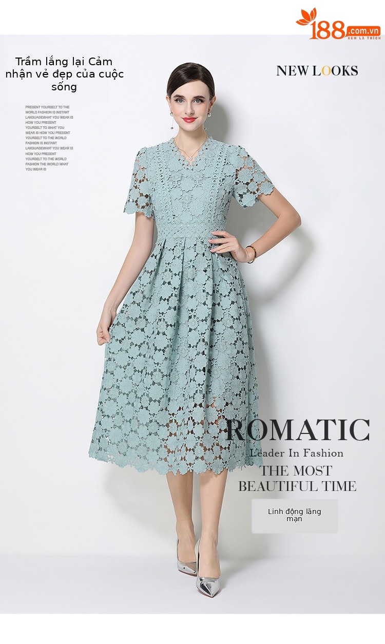 Đầm maxi nữ cổ V ren thắt eo tay ngắn họa tiết rỗng — màu đen, Rượu vang đỏ, màu hồng đậm, màu trắng chi tiết 55