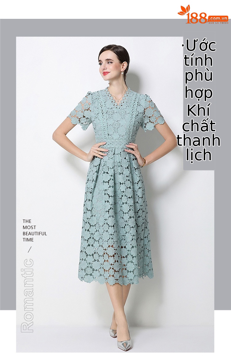 Đầm maxi nữ cổ V ren thắt eo tay ngắn họa tiết rỗng — màu đen, Rượu vang đỏ, màu hồng đậm, màu trắng chi tiết 58