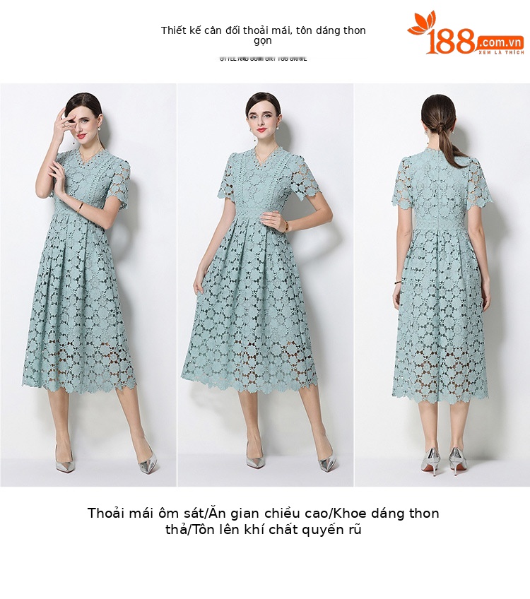 Đầm maxi nữ cổ V ren thắt eo tay ngắn họa tiết rỗng — màu đen, Rượu vang đỏ, màu hồng đậm, màu trắng chi tiết 59