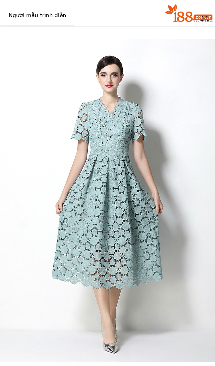 Đầm maxi nữ cổ V ren thắt eo tay ngắn họa tiết rỗng — màu đen, Rượu vang đỏ, màu hồng đậm, màu trắng chi tiết 63