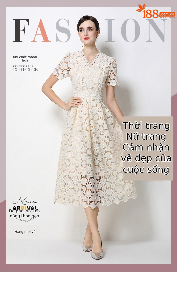 Đầm maxi nữ cổ V ren thắt eo tay ngắn họa tiết rỗng — màu đen, Rượu vang đỏ, màu hồng đậm, màu trắng chi tiết 1