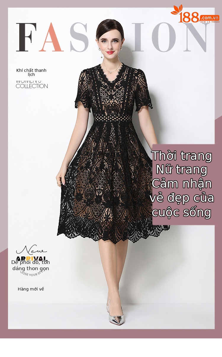 Đầm maxi nữ cổ V ren thắt eo tay ngắn họa tiết rỗng — màu đen, Rượu vang đỏ, màu hồng đậm, màu trắng chi tiết 19