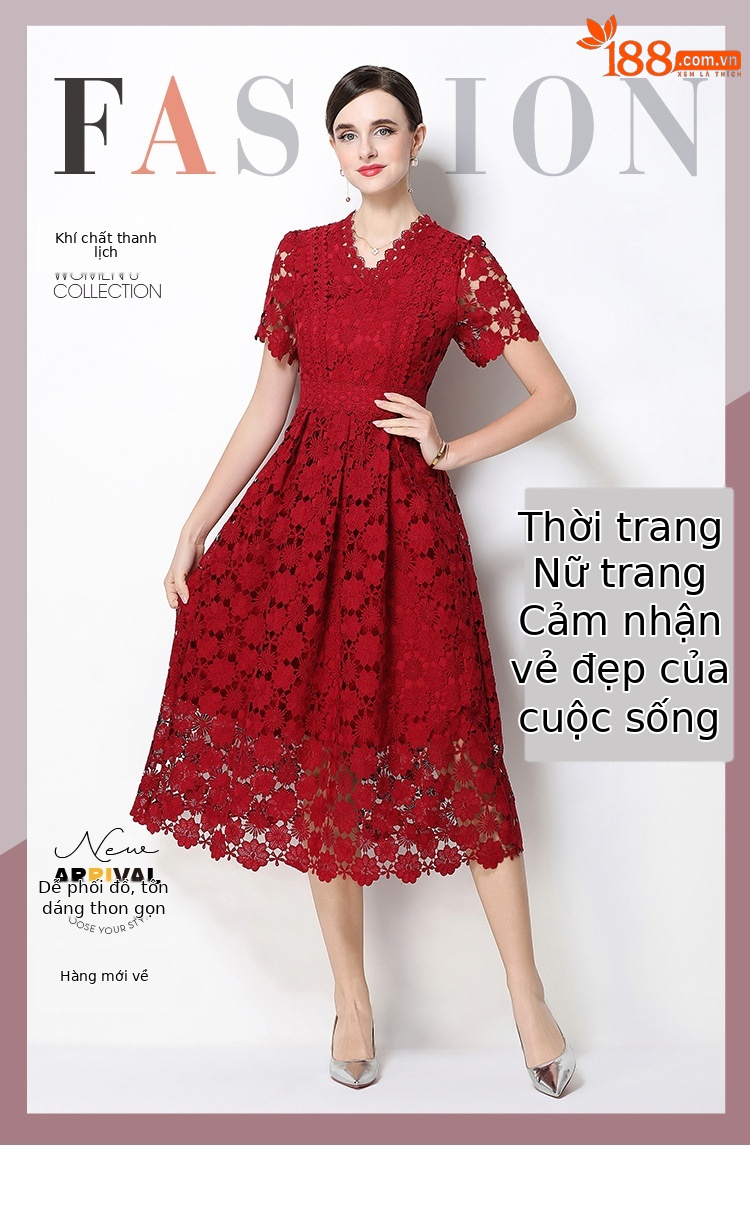 Đầm maxi nữ cổ V ren thắt eo tay ngắn họa tiết rỗng — màu đen, Rượu vang đỏ, màu hồng đậm, màu trắng chi tiết 35