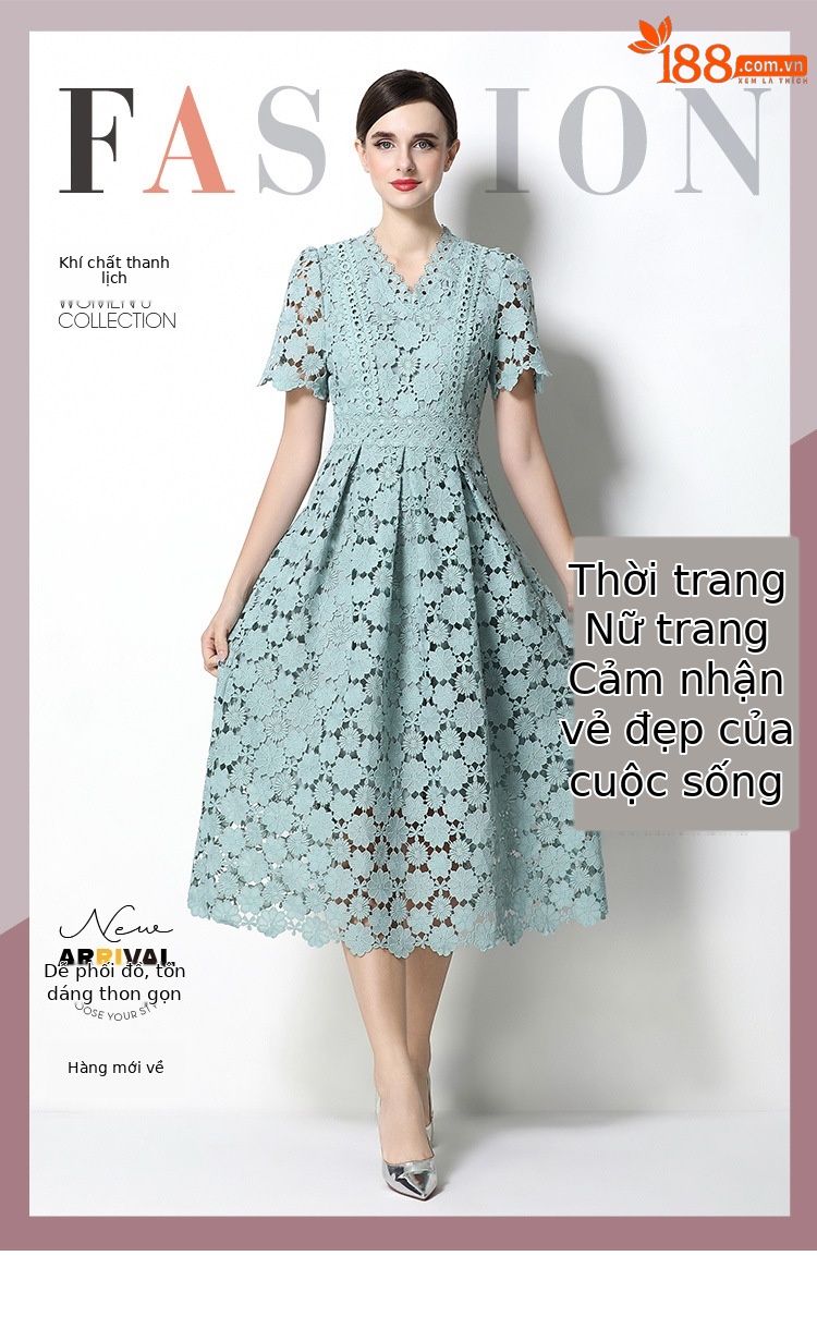Đầm maxi nữ cổ V ren thắt eo tay ngắn họa tiết rỗng — màu đen, Rượu vang đỏ, màu hồng đậm, màu trắng chi tiết 53