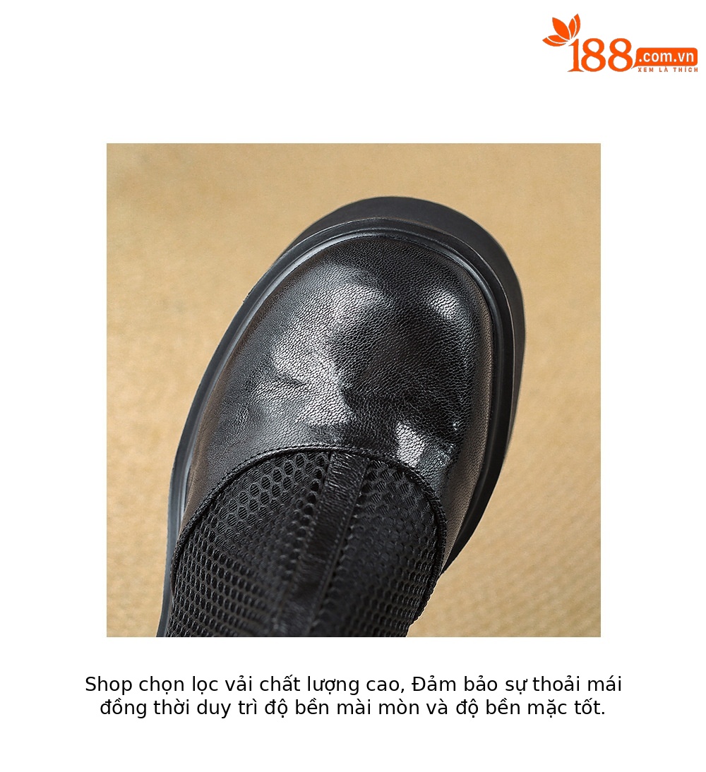 Boot nữ đế dày hở mũi phong cách La Mã da thật lưới thoáng khí kéo khóa trước mùa hè cổ thấp — màu đen chi tiết 19