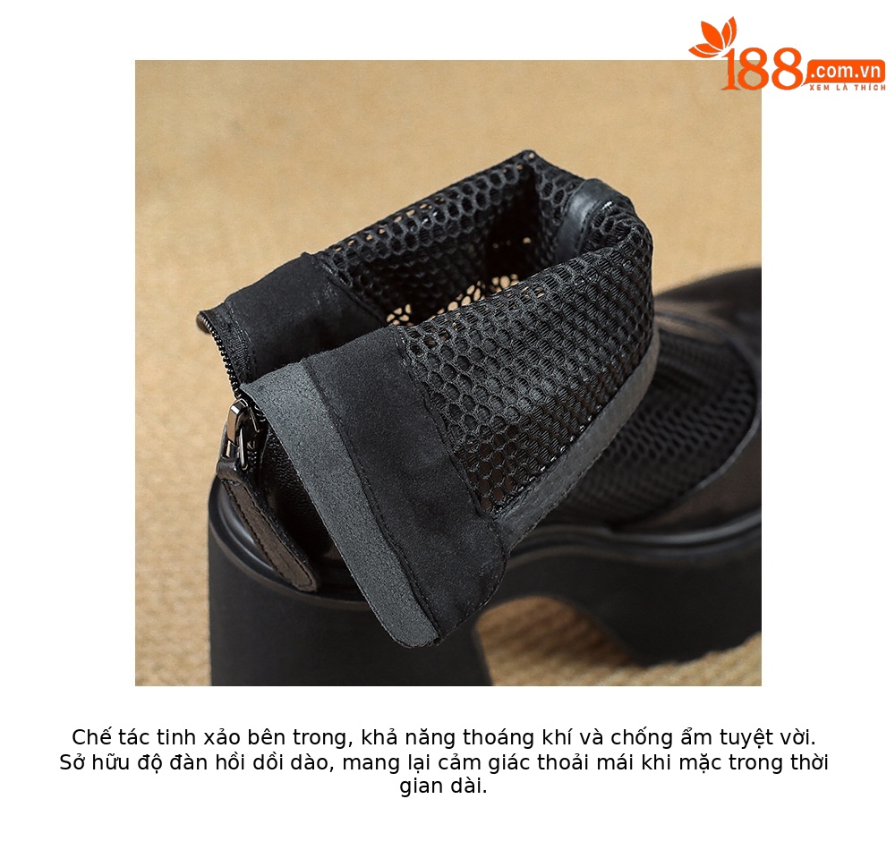 Boot nữ đế dày hở mũi phong cách La Mã da thật lưới thoáng khí kéo khóa trước mùa hè cổ thấp — màu đen chi tiết 20