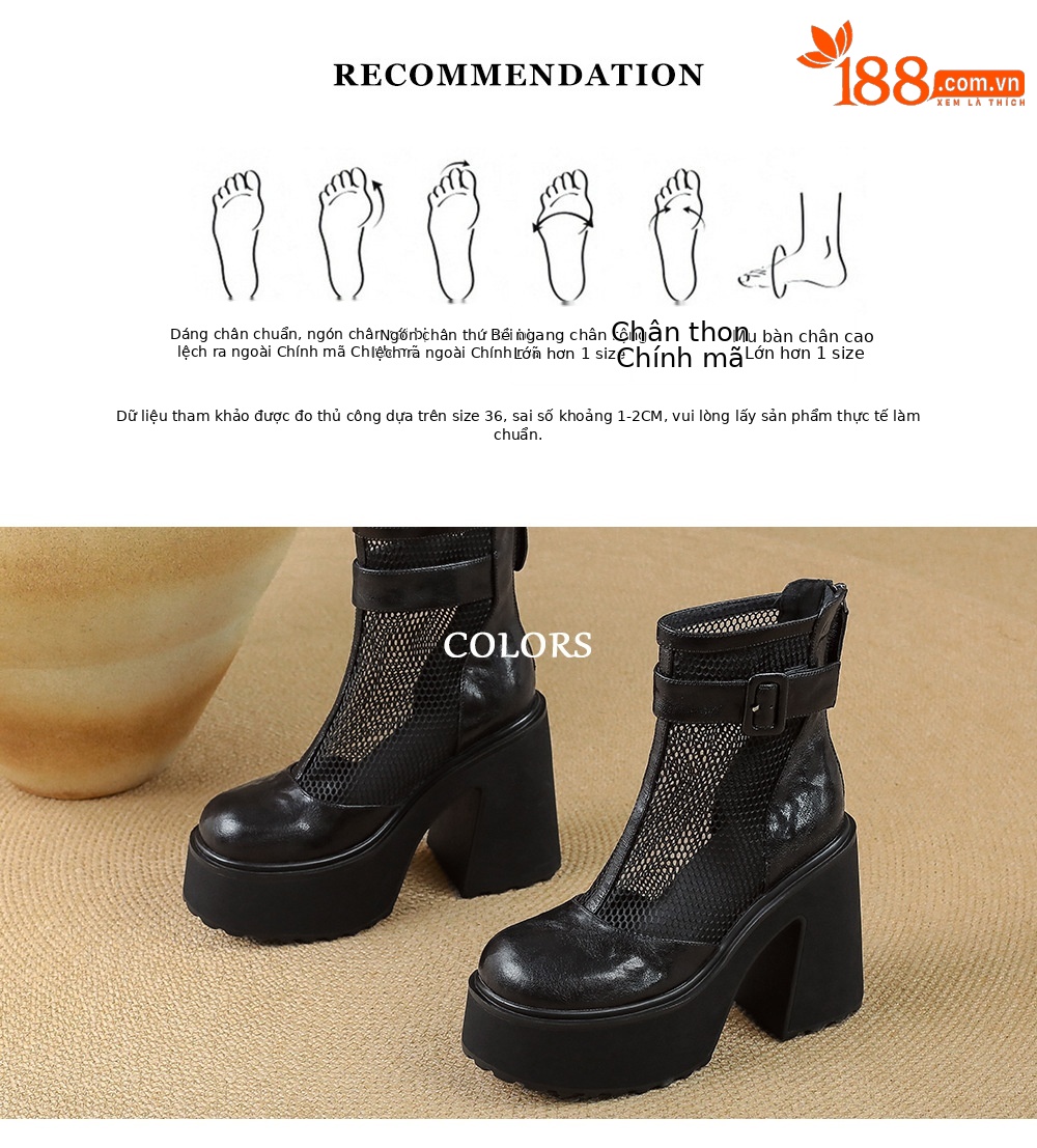 Boot nữ đế dày hở mũi phong cách La Mã da thật lưới thoáng khí kéo khóa trước mùa hè cổ thấp — màu đen chi tiết 4