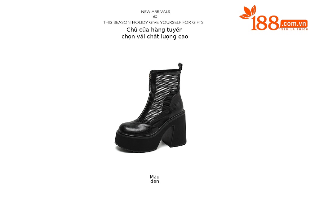 Boot nữ đế dày cao gót lưới thoáng khí kéo khóa trước phong cách combat — màu đen chi tiết 5
