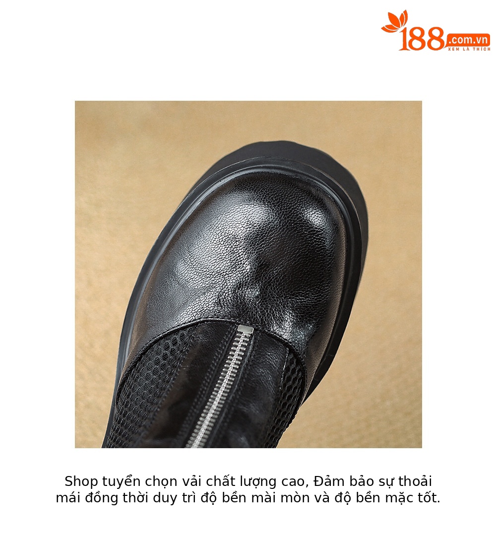 Boot nữ đế dày cao gót lưới thoáng khí kéo khóa trước phong cách combat — màu đen chi tiết 19
