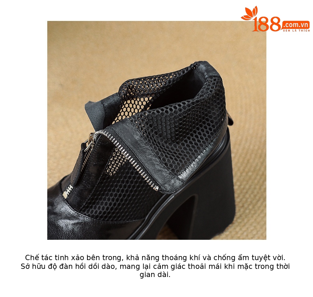 Boot nữ đế dày cao gót lưới thoáng khí kéo khóa trước phong cách combat — màu đen chi tiết 20