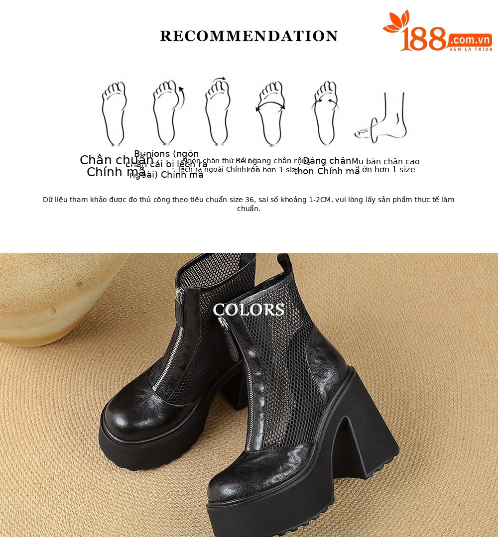 Boot nữ đế dày cao gót lưới thoáng khí kéo khóa trước phong cách combat — màu đen chi tiết 4