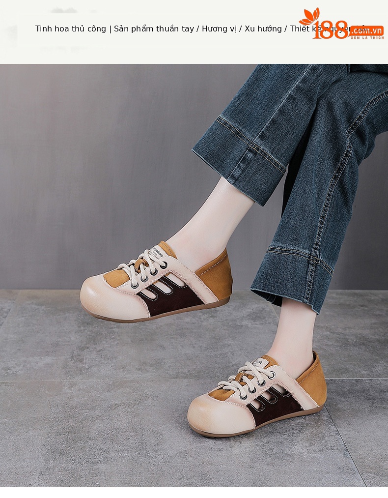 Giày sneaker nữ da thật phối màu cổ điển, đục lỗ thoáng khí, đế êm — màu nâu chi tiết 1