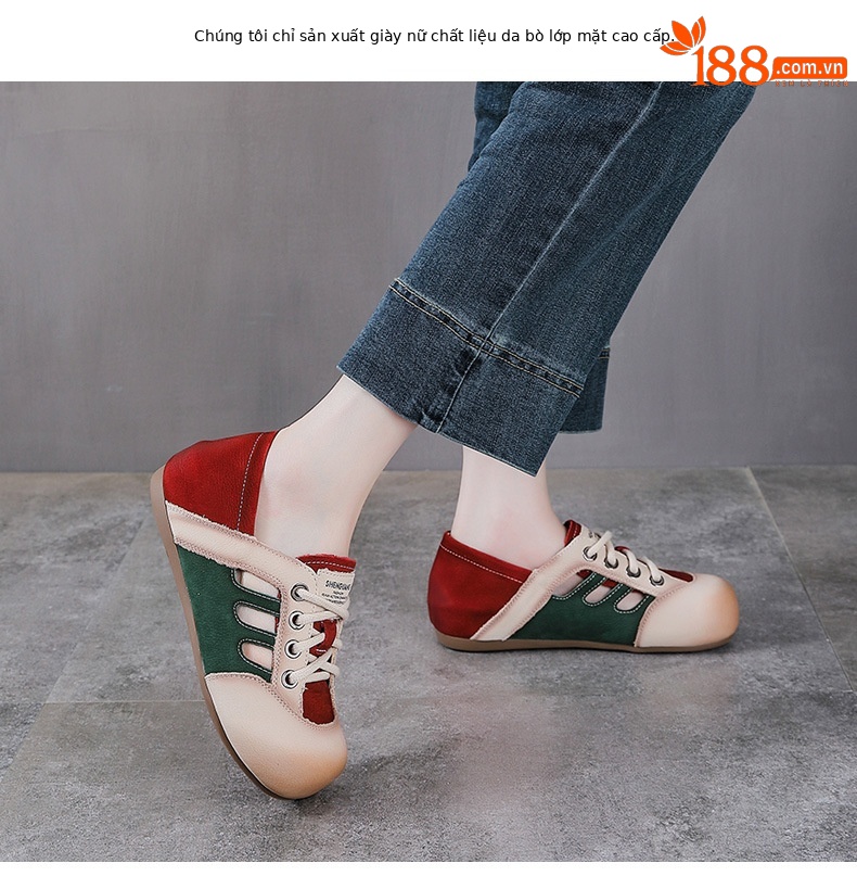 Giày sneaker nữ da thật phối màu cổ điển, đục lỗ thoáng khí, đế êm — màu nâu chi tiết 2