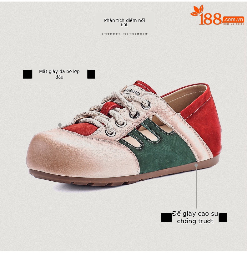 Giày sneaker nữ da thật phối màu cổ điển, đục lỗ thoáng khí, đế êm — màu nâu chi tiết 3