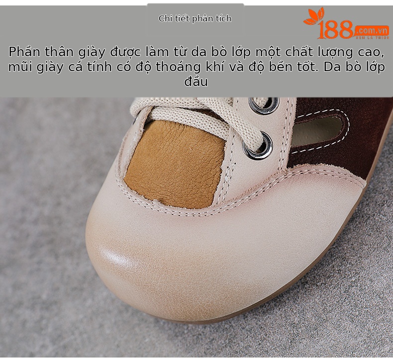 Giày sneaker nữ da thật phối màu cổ điển, đục lỗ thoáng khí, đế êm — màu nâu chi tiết 4