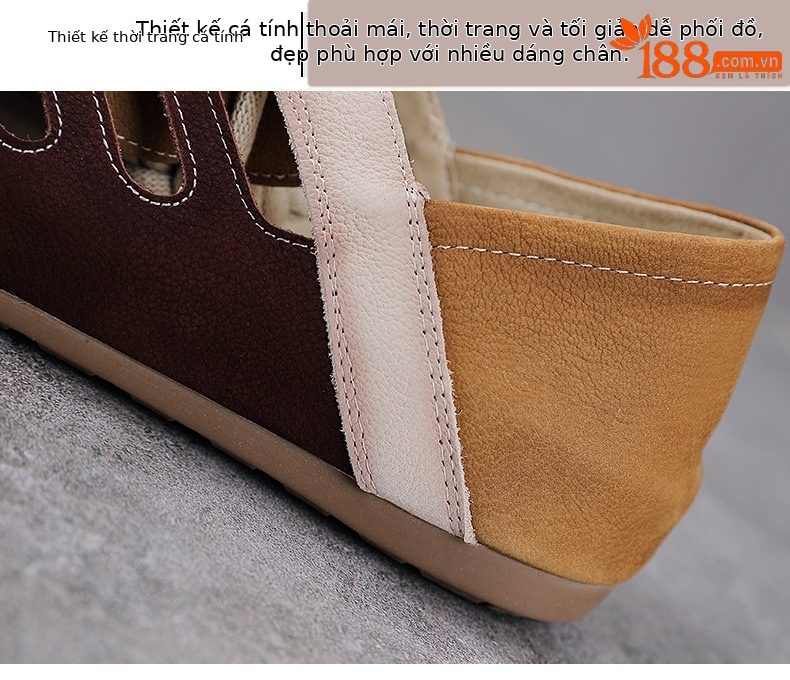 Giày sneaker nữ da thật phối màu cổ điển, đục lỗ thoáng khí, đế êm — màu nâu chi tiết 5