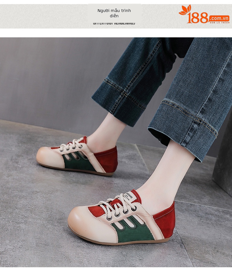 Giày sneaker nữ da thật phối màu cổ điển, đục lỗ thoáng khí, đế êm — màu nâu chi tiết 9