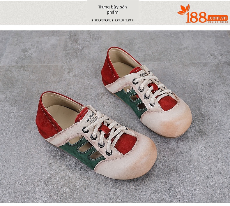 Giày sneaker nữ da thật phối màu cổ điển, đục lỗ thoáng khí, đế êm — màu nâu chi tiết 10