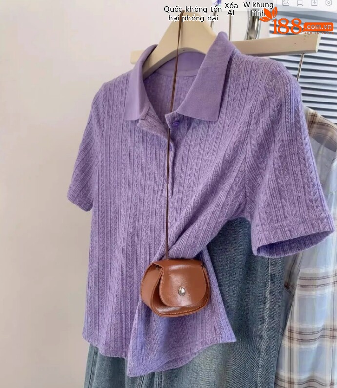 Áo thun polo nữ tay ngắn phong cách Hàn Quốc, chất liệu lạnh mùa hè, form vai vuông, màu tím — màu đen chi tiết 4