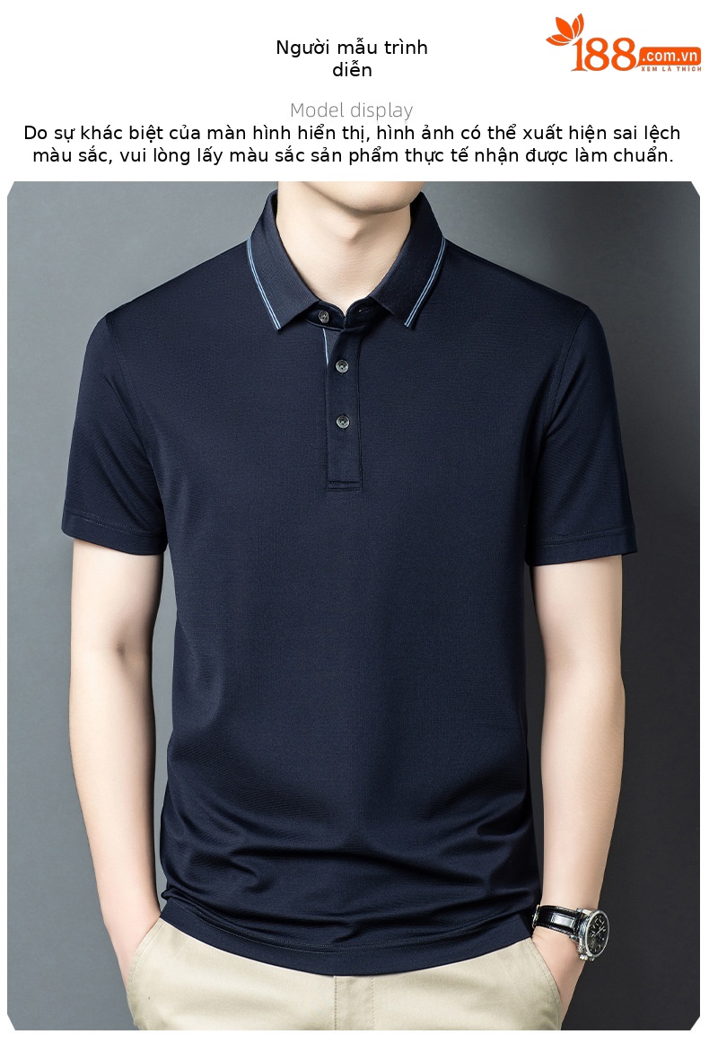 Áo polo nam tay ngắn cổ bẻ cao cấp chất lụa tơ tằm mềm mại — Màu xanh đậm W-81 chi tiết 6