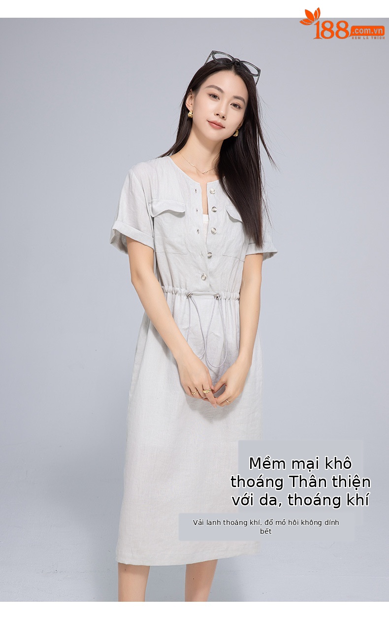 Đầm maxi nữ linen dáng rộng eo rút dây, thiết kế cắt may 3D — màu ô liu xanh chi tiết 15