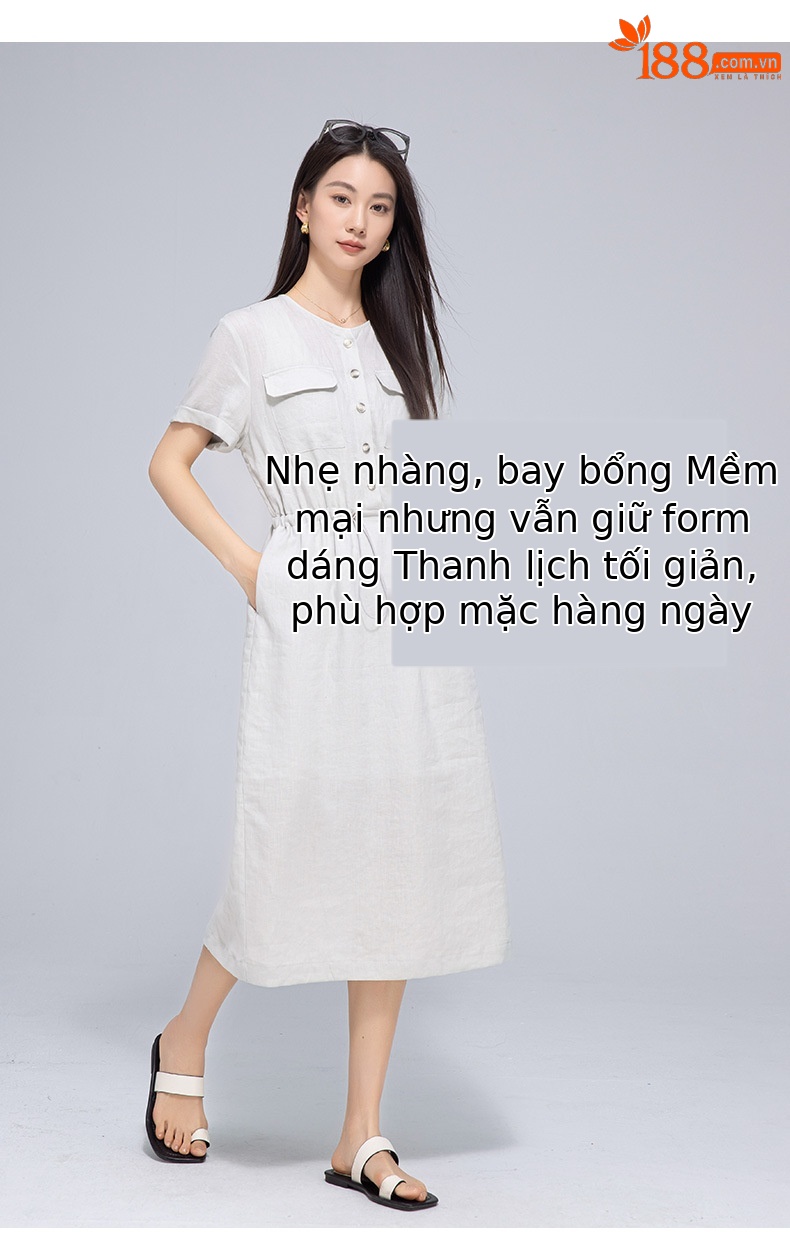 Đầm maxi nữ linen dáng rộng eo rút dây, thiết kế cắt may 3D — màu ô liu xanh chi tiết 19