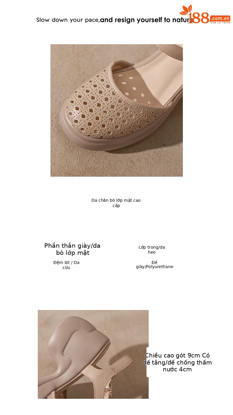 Sandal cao gót nữ mũi kín quai ngang gót 9 cm phong cách La Mã — màu trắng ngà, màu mơ chi tiết 4
