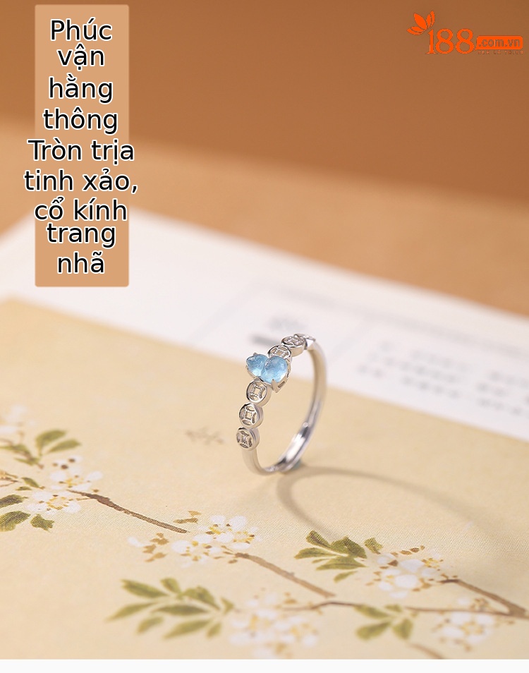 Nhẫn bạc S925 đính đá Aquamarine hình hồ lô phong thủy họa tiết đồng xu chiêu tài, dáng mở điều chỉnh — Một cái chi tiết 1
