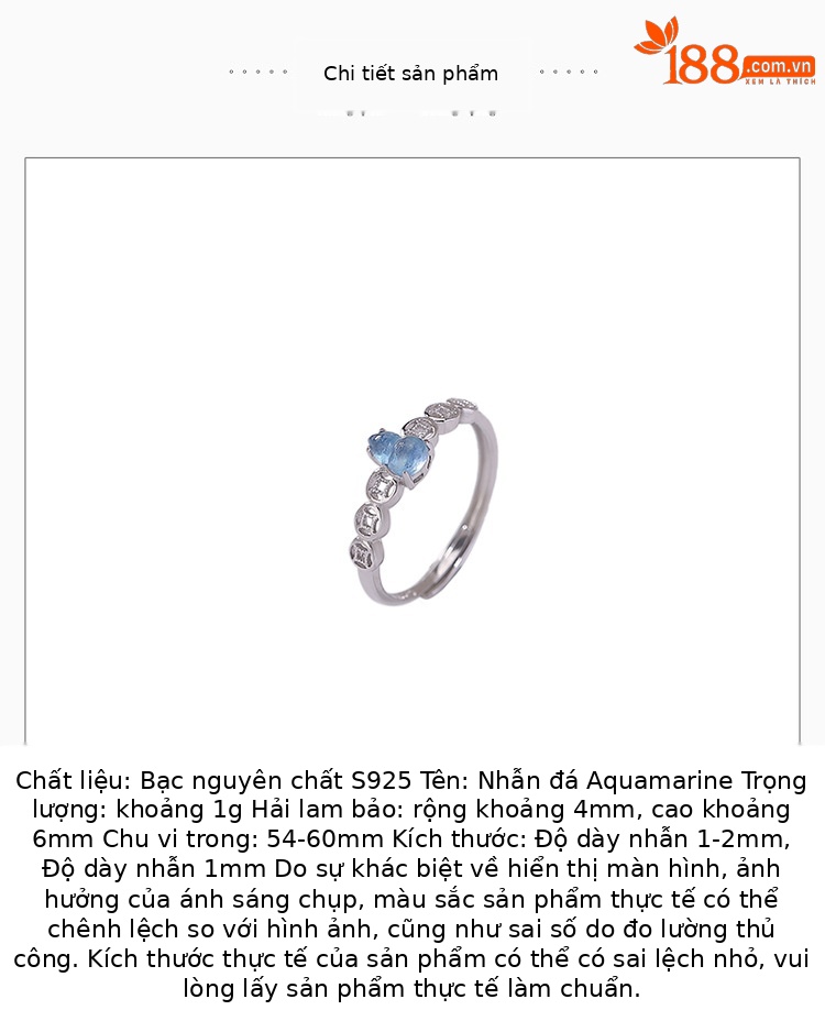 Nhẫn bạc S925 đính đá Aquamarine hình hồ lô phong thủy họa tiết đồng xu chiêu tài, dáng mở điều chỉnh — Một cái chi tiết 2