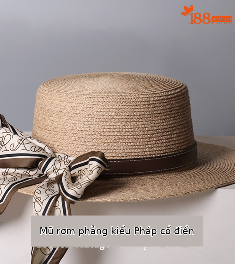 Mũ rộng vành nữ dệt cỏ lafite phong cách nhẹ nhàng, in họa tiết ruy băng, chống nắng đi biển — Màu sắc chi tiết 1