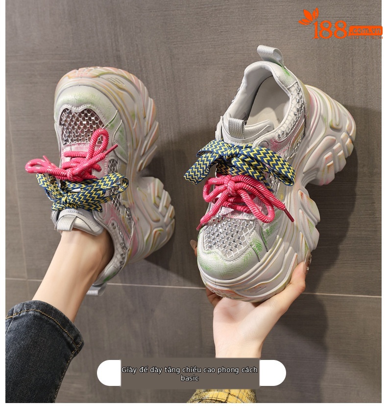 Giày sneaker nữ đế dày tăng chiều cao phong cách thể thao mùa hè — màu hồng chi tiết 1