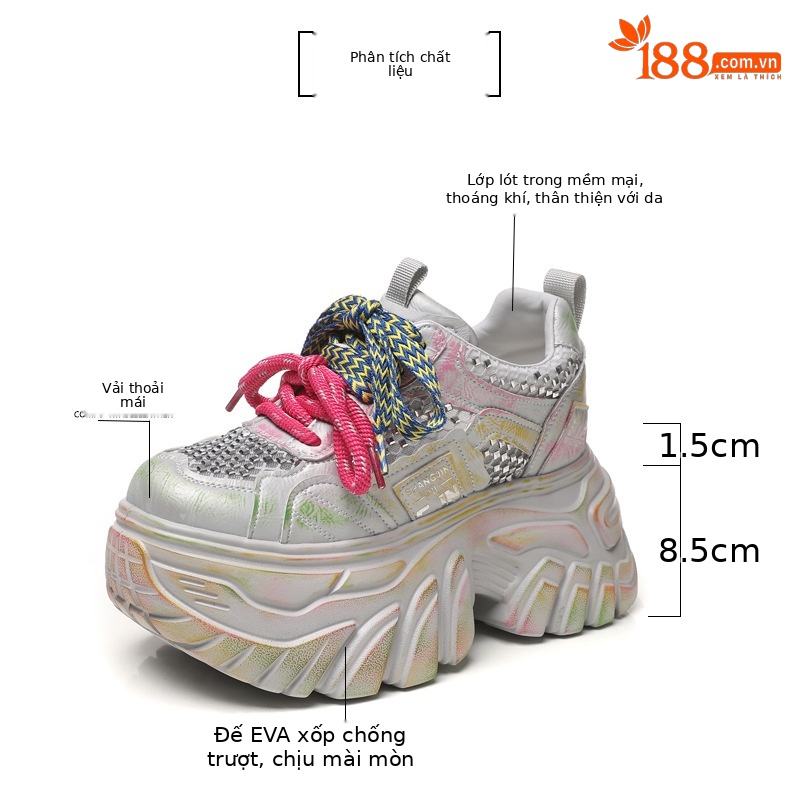 Giày sneaker nữ đế dày tăng chiều cao phong cách thể thao mùa hè — màu hồng chi tiết 2