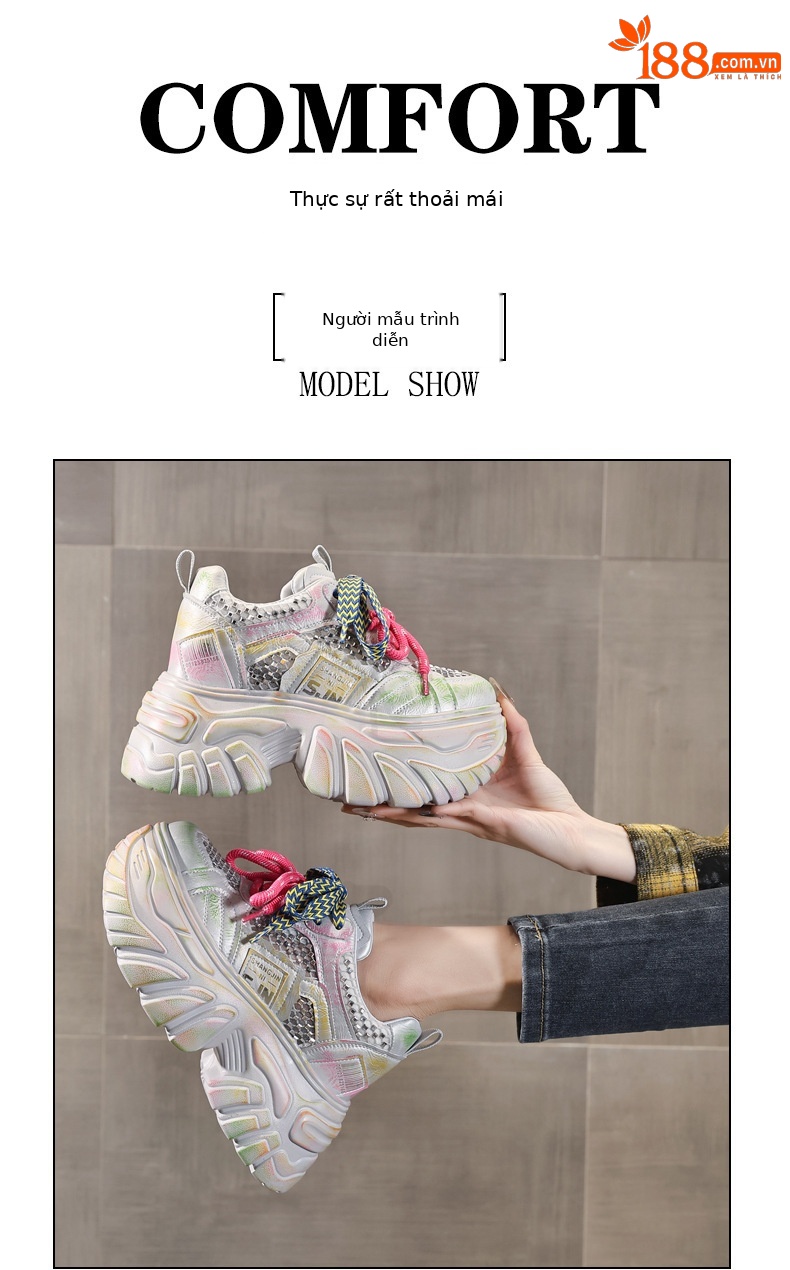 Giày sneaker nữ đế dày tăng chiều cao phong cách thể thao mùa hè — màu hồng chi tiết 10