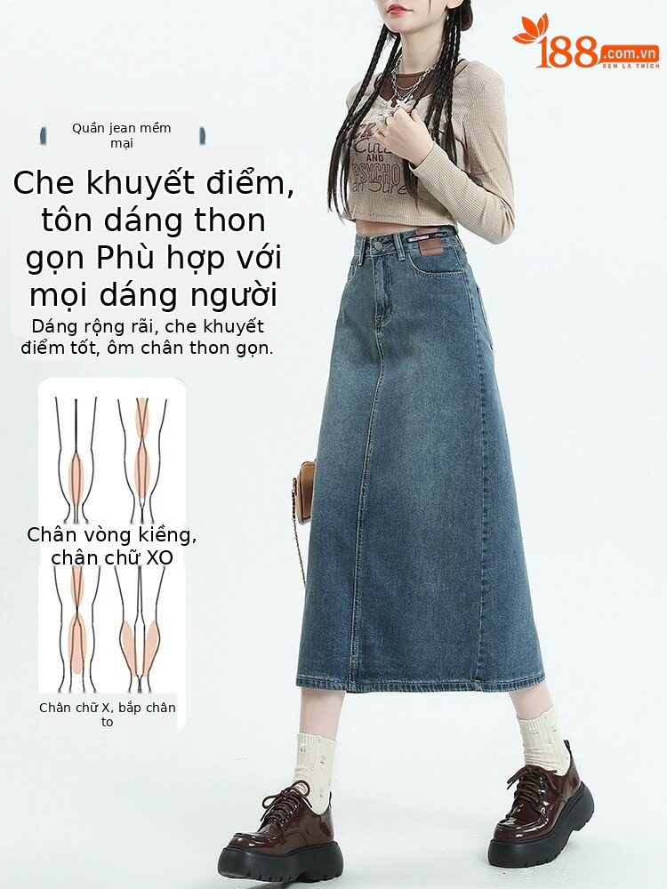 Chân váy jean nữ dáng chữ A xẻ tà, dài midi, phong cách cổ điển — Màu xanh cổ điển