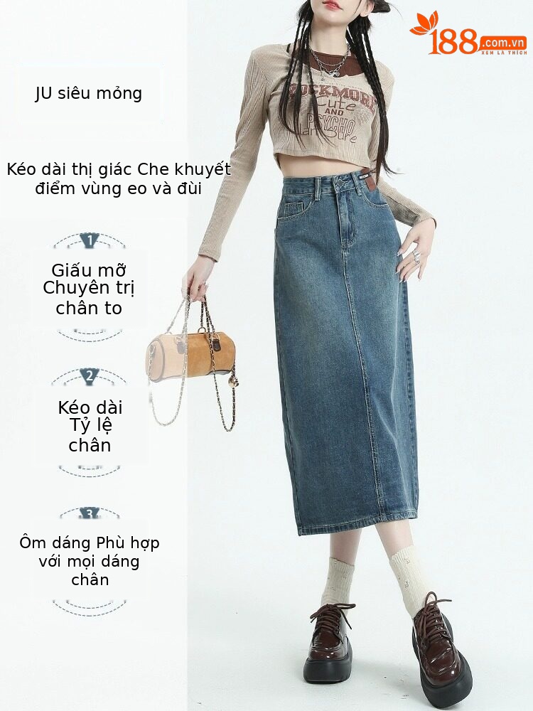 Chân váy jean nữ dáng chữ A xẻ tà, dài midi, phong cách cổ điển — Màu xanh cổ điển
