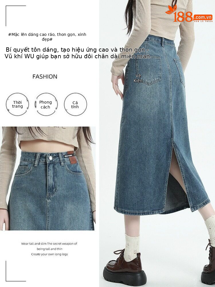 Chân váy jean nữ dáng chữ A xẻ tà, dài midi, phong cách cổ điển — Màu xanh cổ điển