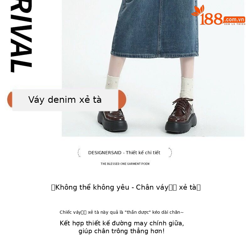 Chân váy jean nữ dáng chữ A xẻ tà, dài midi, phong cách cổ điển — Màu xanh cổ điển chi tiết 2