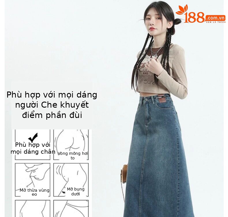 Chân váy jean nữ dáng chữ A xẻ tà, dài midi, phong cách cổ điển — Màu xanh cổ điển chi tiết 8