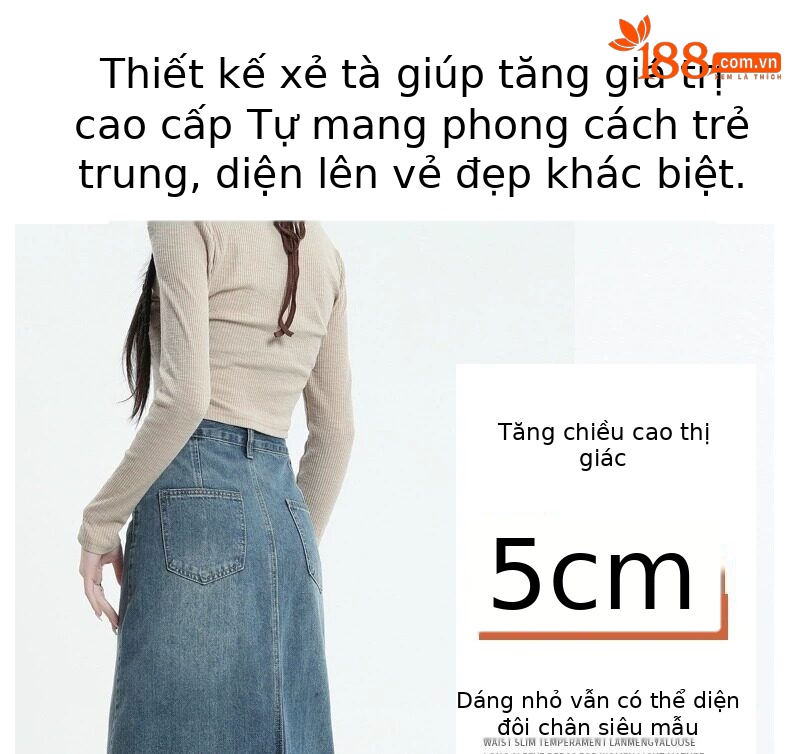 Chân váy jean nữ dáng chữ A xẻ tà, dài midi, phong cách cổ điển — Màu xanh cổ điển chi tiết 12