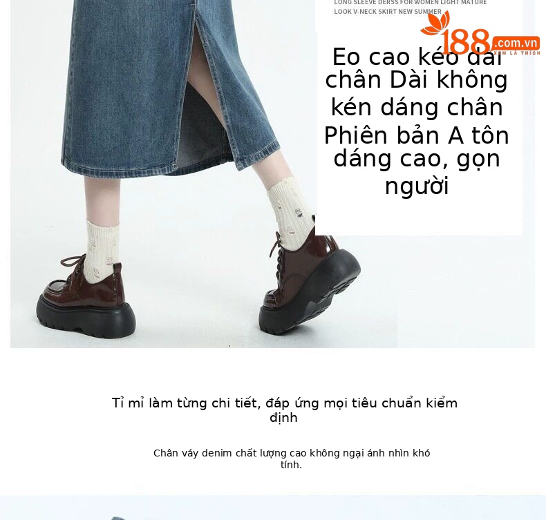 Chân váy jean nữ dáng chữ A xẻ tà, dài midi, phong cách cổ điển — Màu xanh cổ điển chi tiết 13