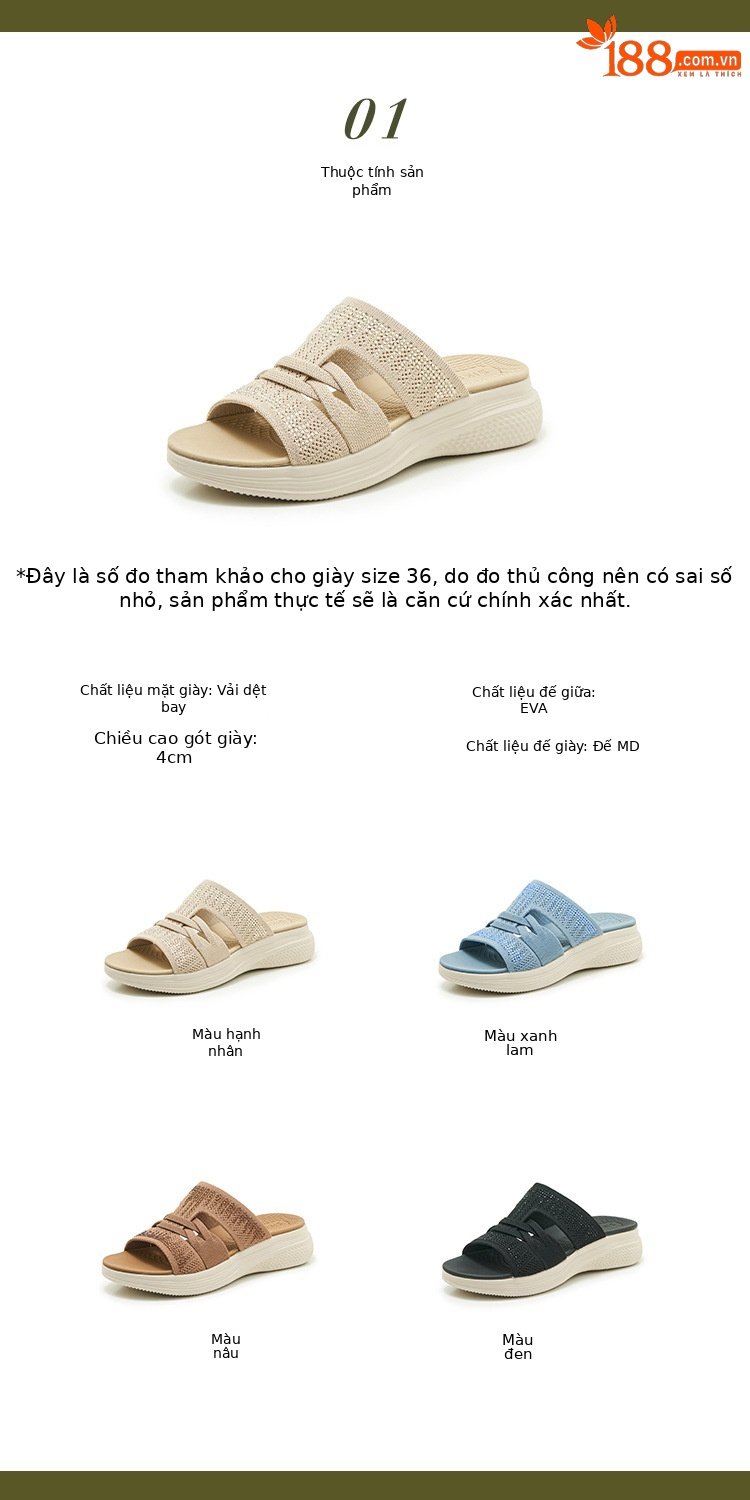 Dép sandal nữ xỏ ngón đế bệt đính đá lấp lánh — màu nâu, màu đen, xanh lam, màu mơ chi tiết 2