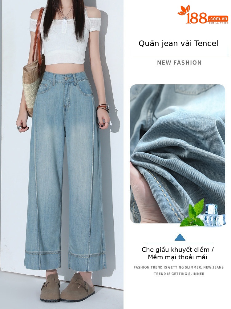 Quần jean ống rộng nữ cạp cao dáng suông vải Tencel xanh nhạt — Quần lửng màu xanh nhạt